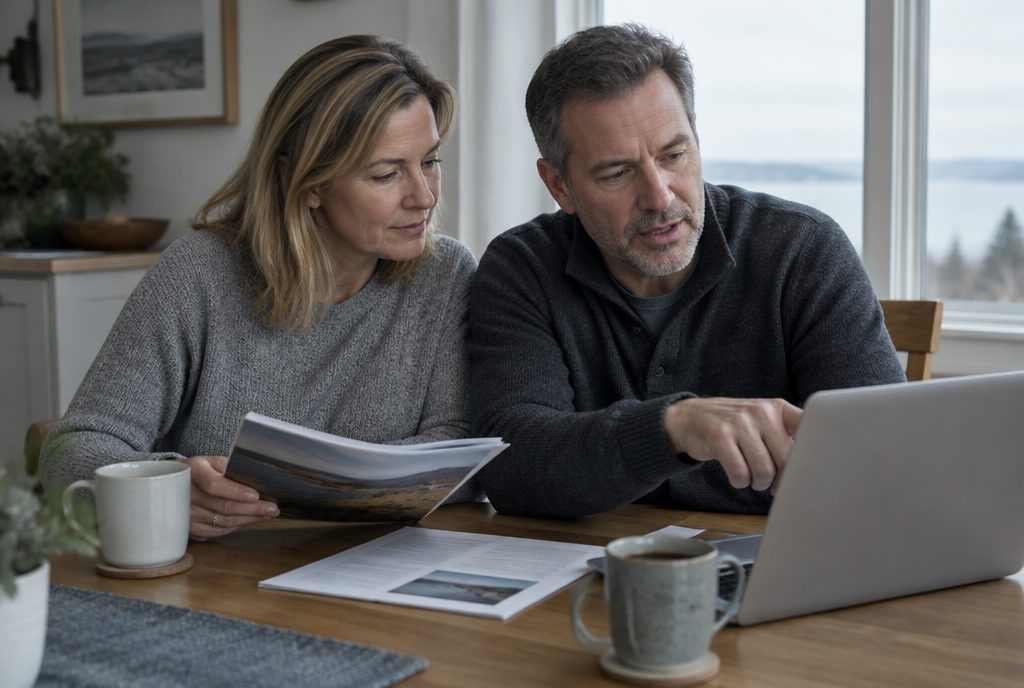 A couple reading course notes together at their kitchen table