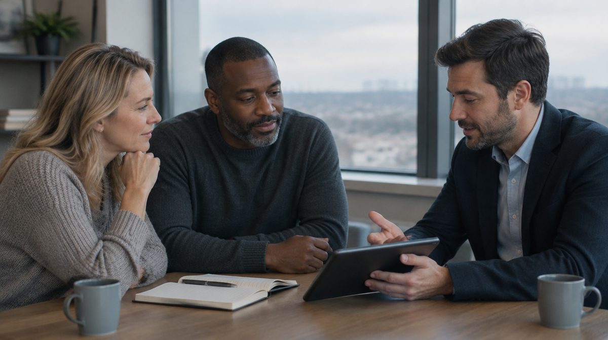 An advisor showing a couple a plan on a tablet