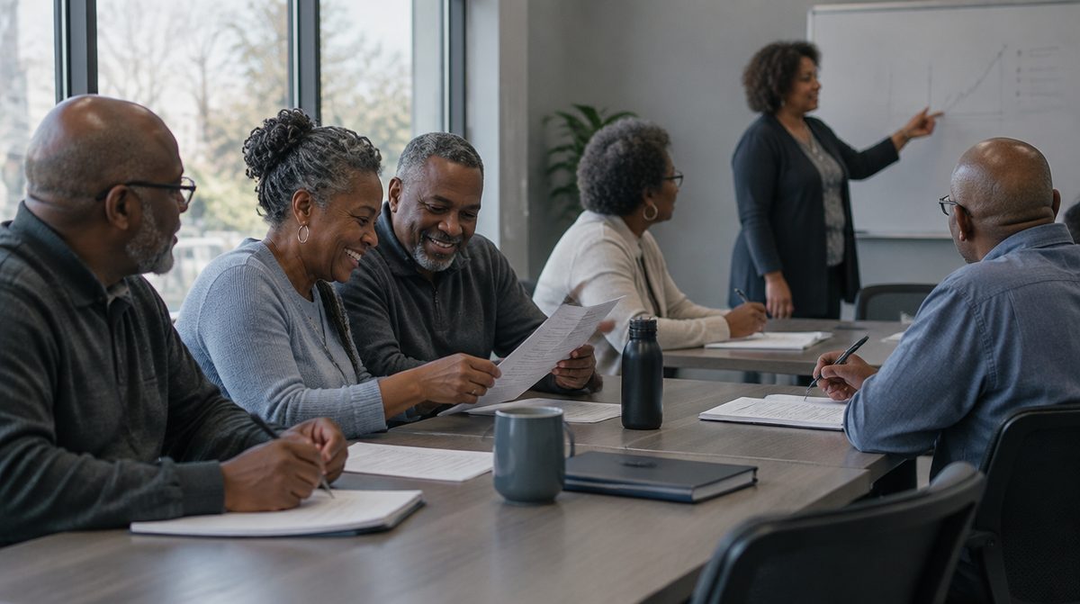 A group of people taking notes during a retirement course